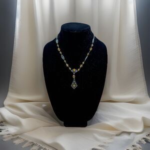 Art Deco Style Silver Tone Filigree Drop Necklace, Amber Glass Beaded Chain